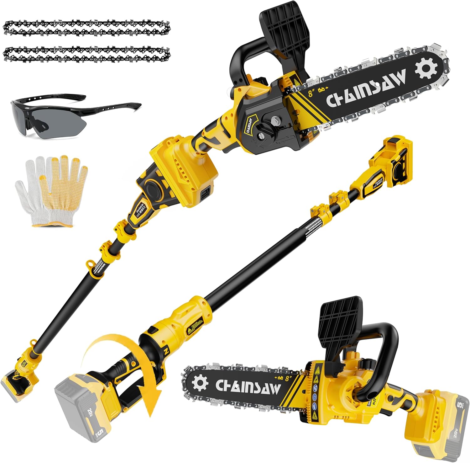 2-in-1 Cordless Pole Saw, 8 Inch Brushless Pole Chainsaws Compatibility with Dewalt 20V MAX Battery(No Battery), 8 lb Lightweight, Auto Oiling, 14.8 FT MAX Extension Pole Saws for Tree Trimming