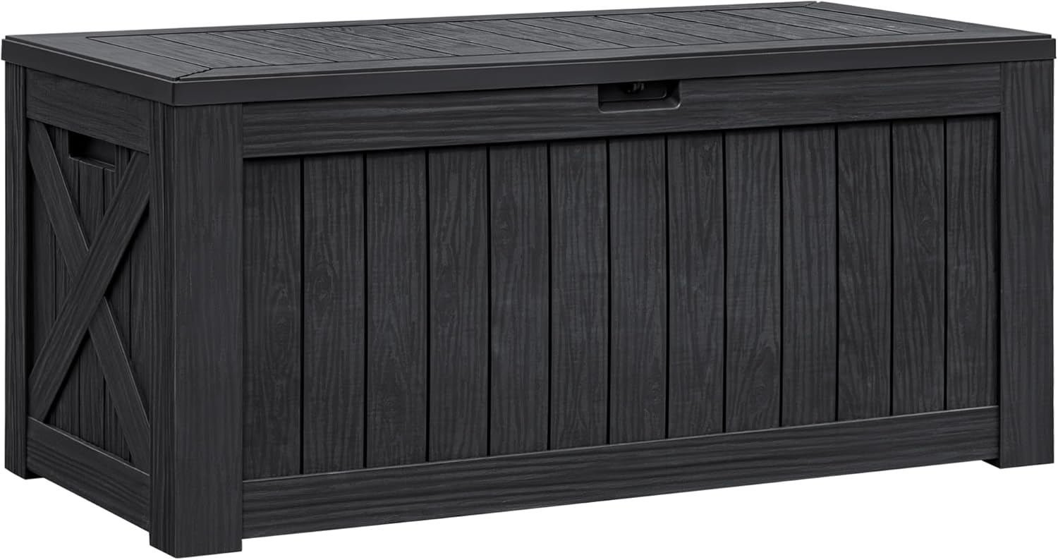 Flamaker Resin Deck Box 120 Gallon Waterproof Large Outdoor Indoor Storage Box Imitation Wood Resin for Patio Furniture Garden Tools and Pool (Black)