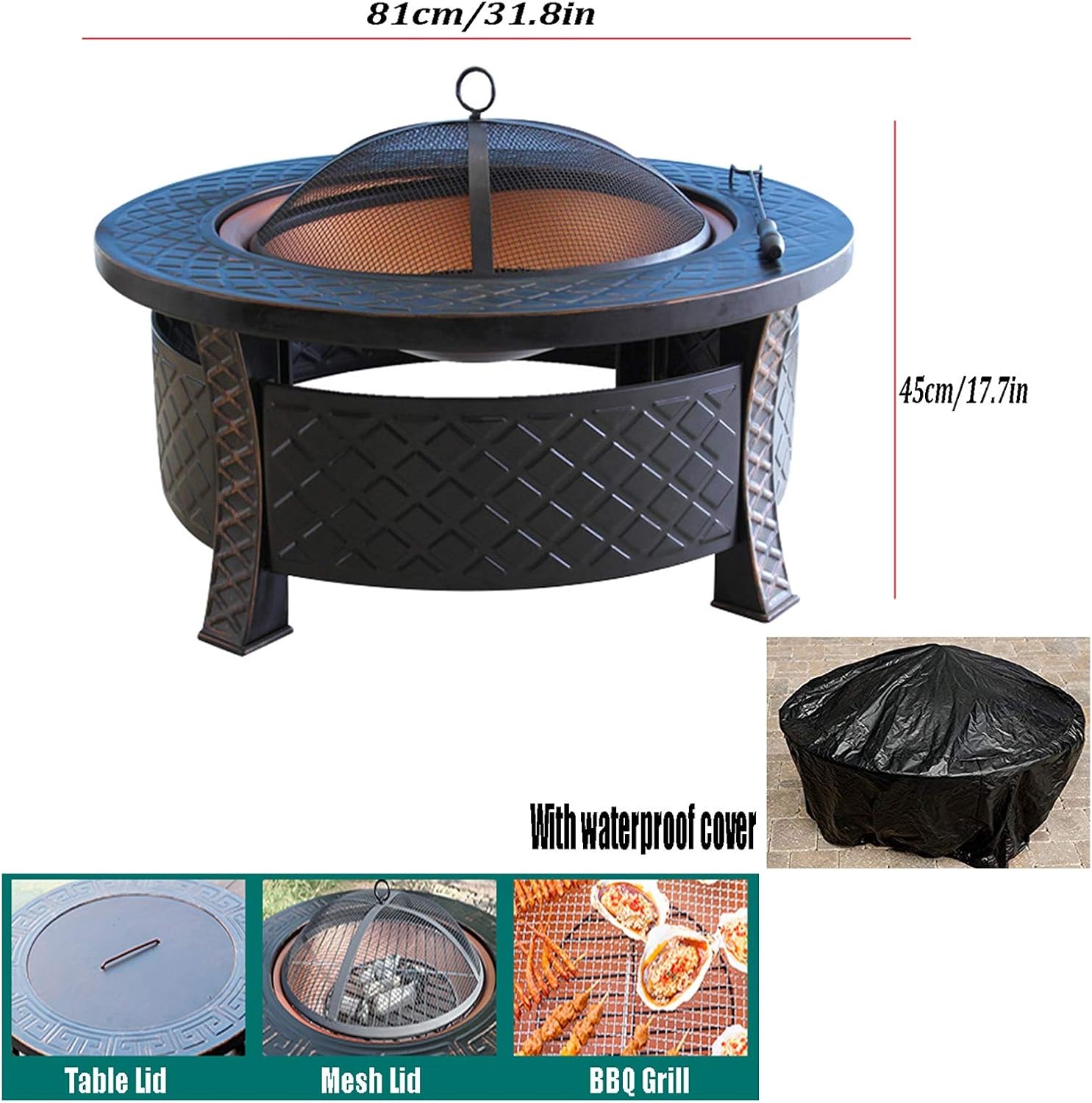 Outdoor Fire Pit Round Wood-Burning Fire Bowl Grill, with Mesh Spark Sieve Cover, Wrought Iron Cooking Fire Pit, 81cm/31.8