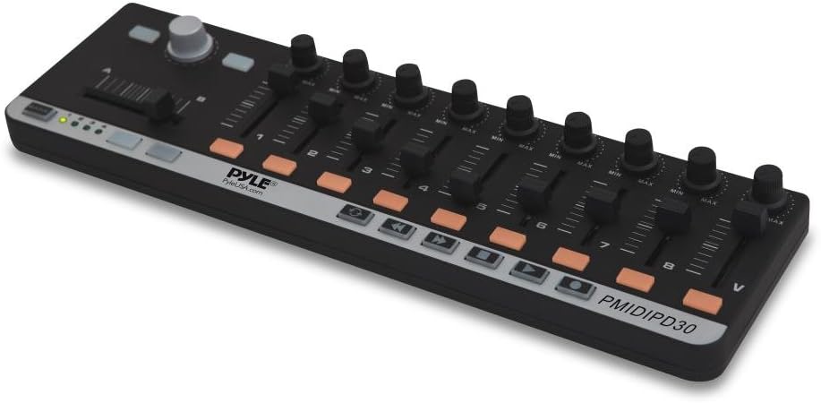 Pyle USB MIDI Controller Board - Mini Portable Workstation Equipment w/ 9 Faders, Knobs, & DJ Transport Buttons - Control DAW Software Kit for Laptop Electronic Music Recording Production - PMIDIPD30