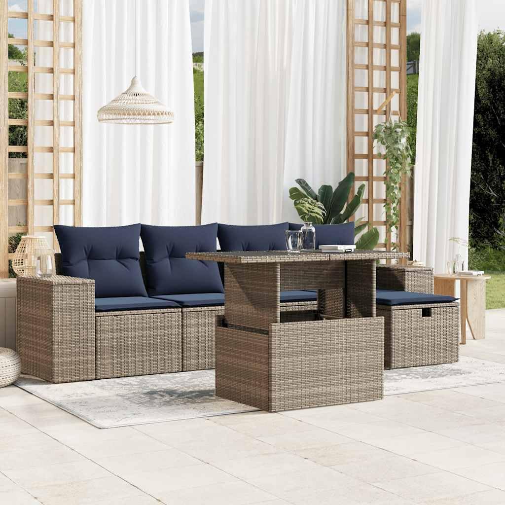 6 Piece Garden Sofa Set with Cushions, Grey Poly Rattan Outdoor Patio Furniture, Adjustable Table, UV-Resistant, Modular Design for Backyard