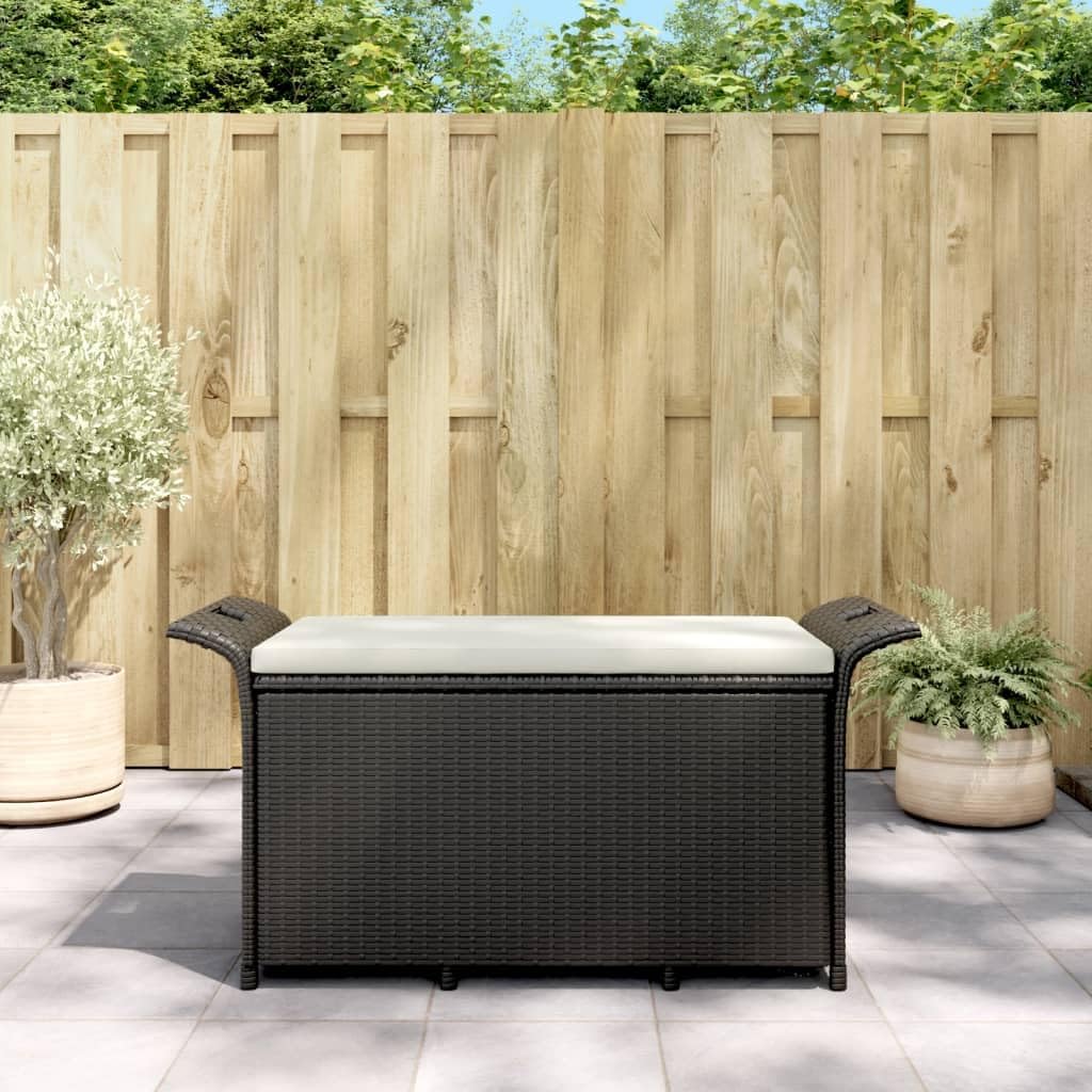 Outdoor Wicker Storage Bench with Cream White Cushion, Large PE Rattan Deck Storage Box with Handles for Patio Furniture, Cushions, Garden Tools, 45.7