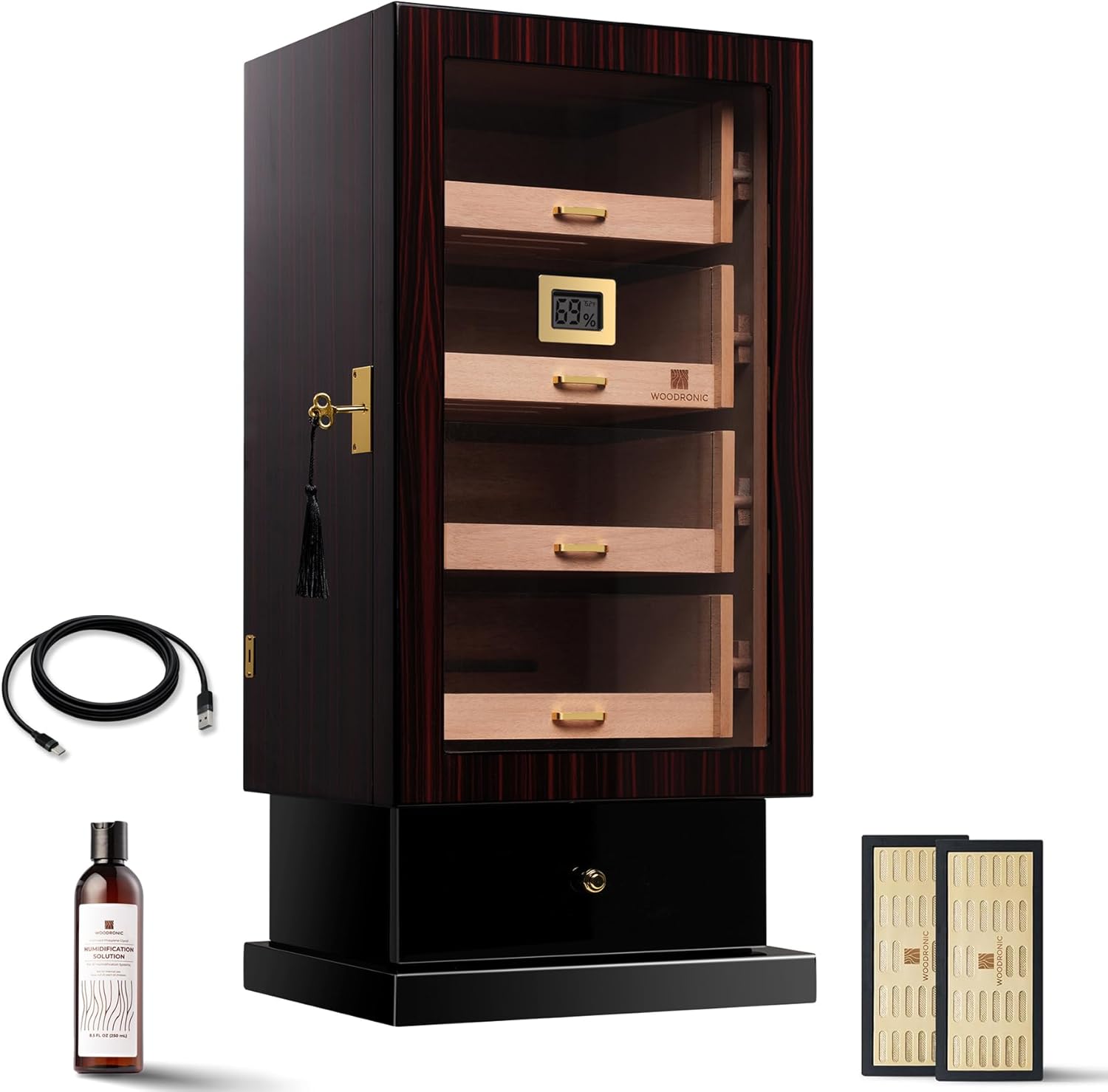 Woodronic Cigar Cabinet Humidor for 200-250 Cigars with Accessory Drawer, Crystal Humidifiers, USB Cables for Electric Humidifiers, Lock & Keys and Spanish Cedar Lining, Home & Commercial Display