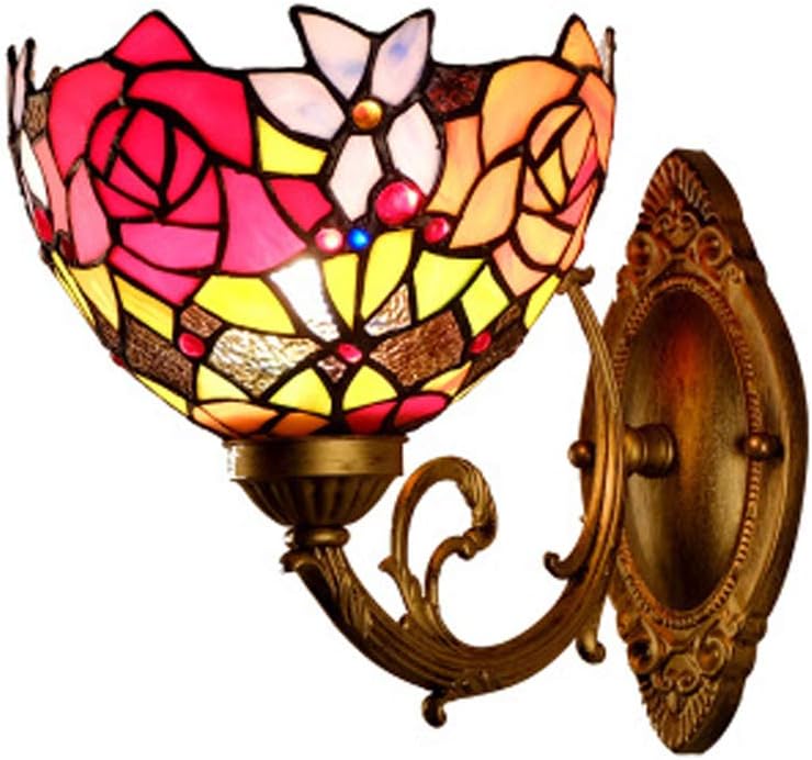 Tiffany Style Stained Glass Pink Roses Wall Light, Vintage Creative Baroque 1-Light Wall Lamp Lighting Fixtures 8 Inch Lampshade, Bedroom Bedside Corridor Sconces