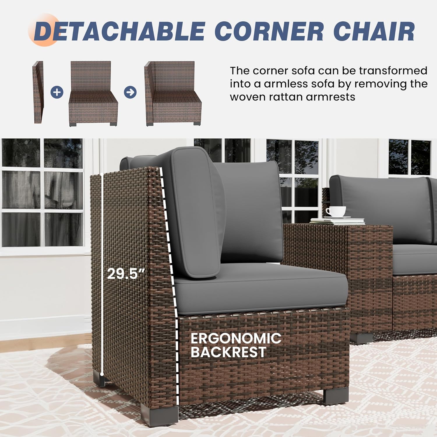 Amopatio 8 Inch Armrest Outdoor Sectional, 6 Piece Patio Furniture Set Sectional Sofa with Coffee Table for Garden Backyard, 4'' Thickened Cushion