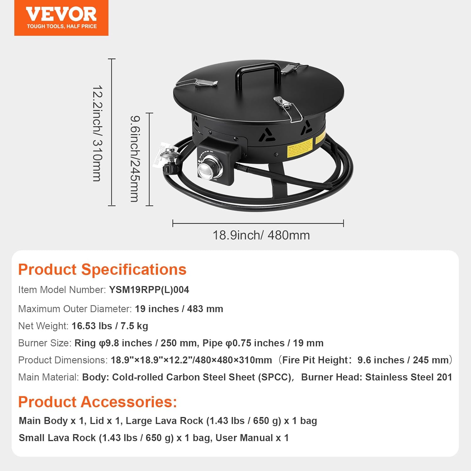 VEVOR Propane Fire Pit, 19-Inch Diameter Outdoor Portable Gas Fire Pit with Cover & Lava Rocks, Adjustable Flame Height Camping Firepit for Heating, Lighting, Gathering, 58,000 BTU, Black
