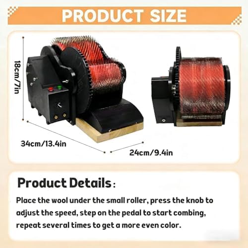 Adjustable Electric Wool Drum Carding Machine with Foot Pedal, Fast Reverse & Forward Speed, for Fiber Blending & Color Mixing, for Wool Combing