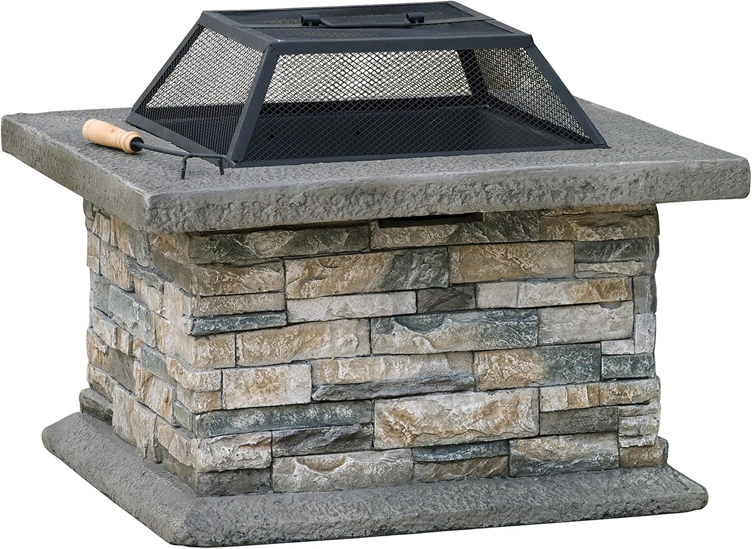 29 Inch Outdoor Fire Pit Table, Wood Burning Fire Pit for Patio with Spark Screen, Fire Poker, MGO Square Fireplaces for Camping, Garden, Backyard, Bonfire Party, Stone Gray