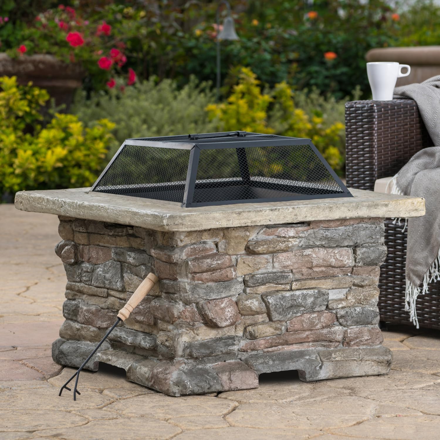 28-Inch Wood Burning Outdoor Fire Pit with Lid - Stone