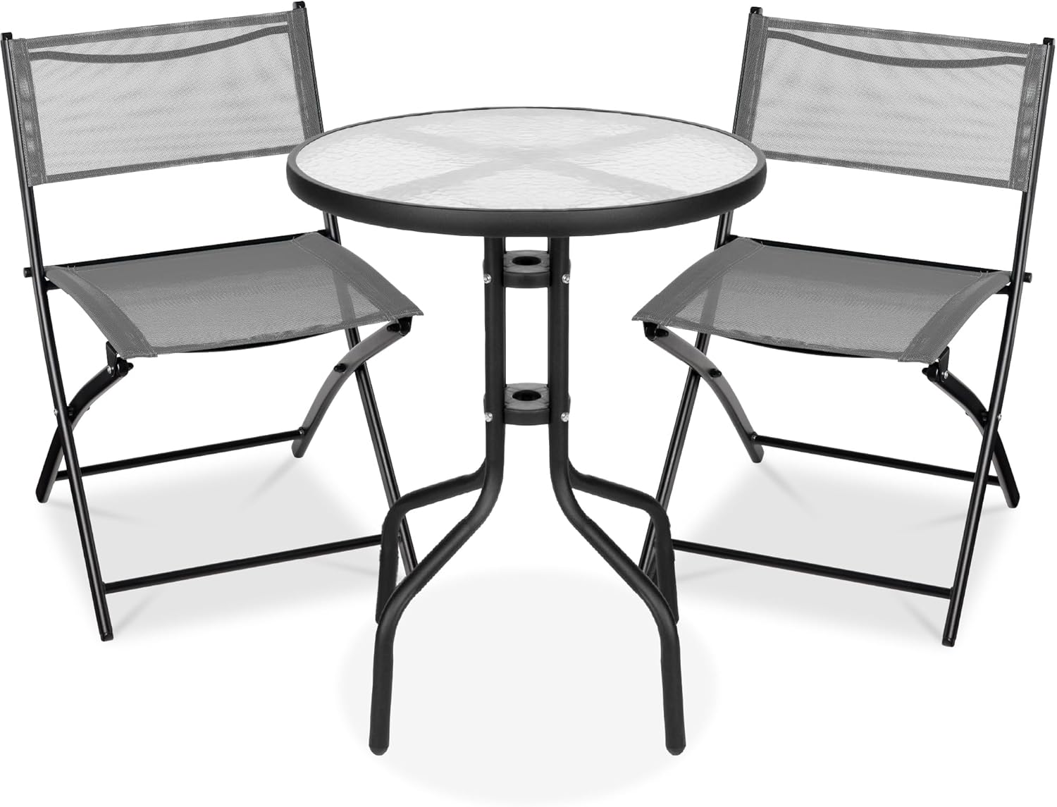 Best Choice Products 3-Piece Patio Bistro Dining Furniture Set w/Glass Tabletop, 2 Folding Chairs, Steel Frame, Polyester Fabric - Gray
