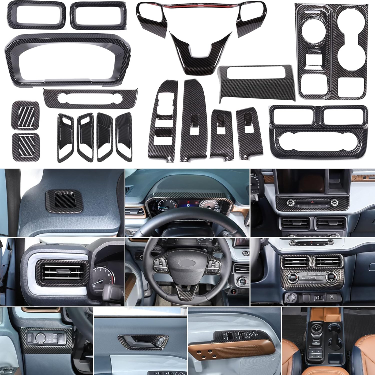 Car 19Pcs Interior Trim Set Compatible with Ford Maverick 2022-2024 Center Console A/C Volume Switch/Dash Outlet Vent/Gear Shift/Door Handle/Window Lift/Headlight/Steering Panel ABS Cover Accessories