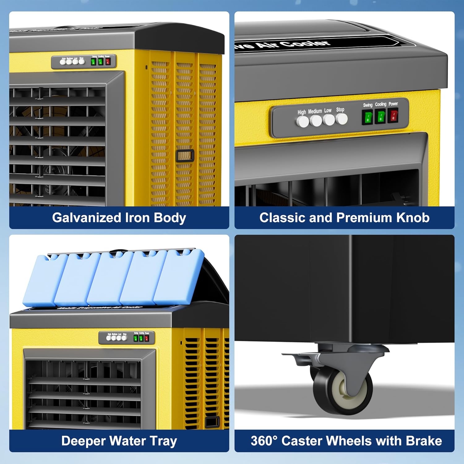 Swamp Cooler, 8990CFM Evaporative Air Coolers with 36 Gal Tank, Windowless Air Conditioner 3 Speeds for Outdoor Use, 58 Inch Air Cooler Water Fan for Patio, Garage, Shop, Commercial Yellow