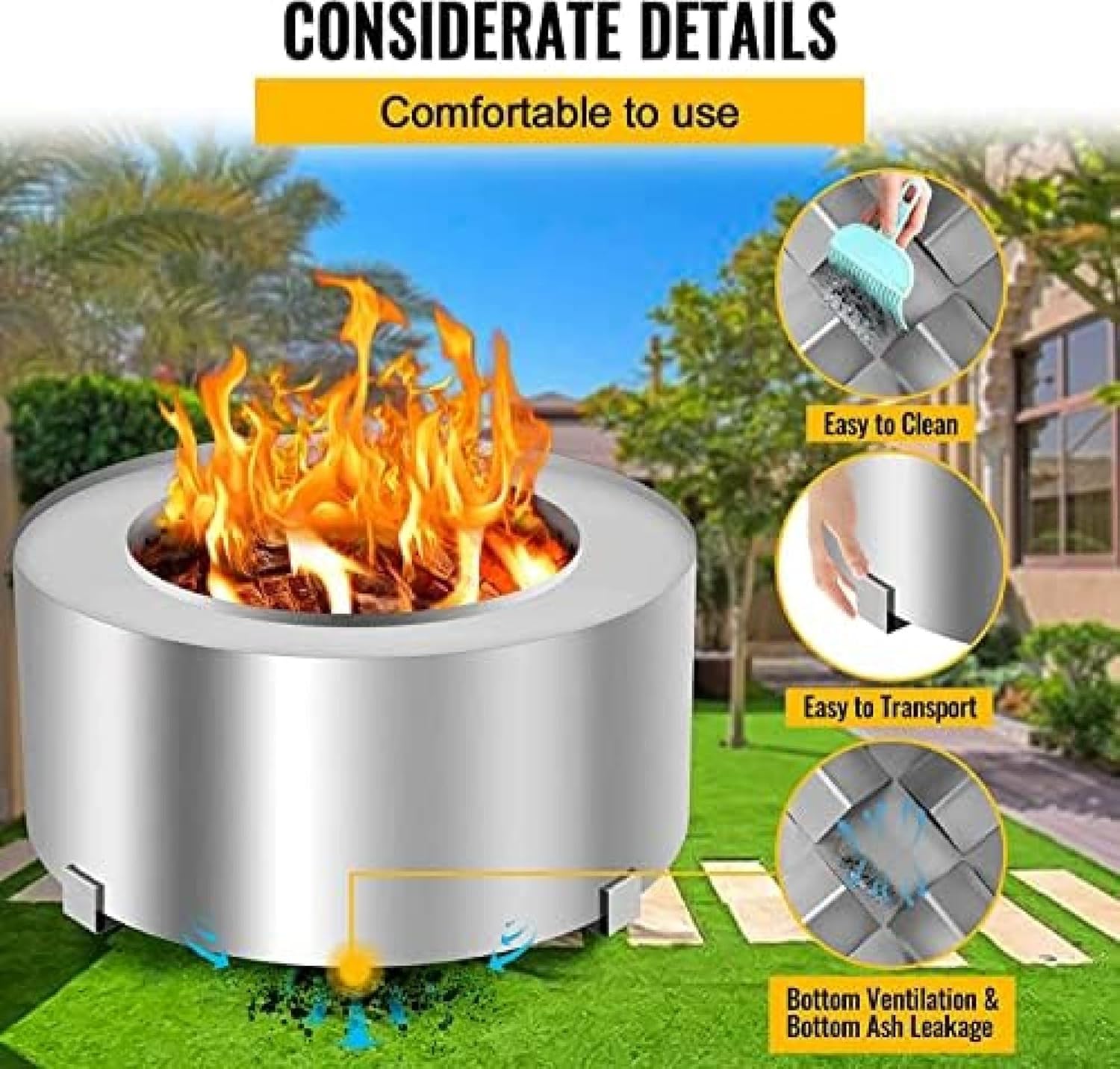 Smokeless Fire Pit, Stainless Steel Stove Bonfire, Large Diameter Wood Burning Fire Pits, Outdoor Stove Bonfire Fire Pit, Portable Smokeless Fire Bowl for Picnic Camping Backyard,28.5 Inch