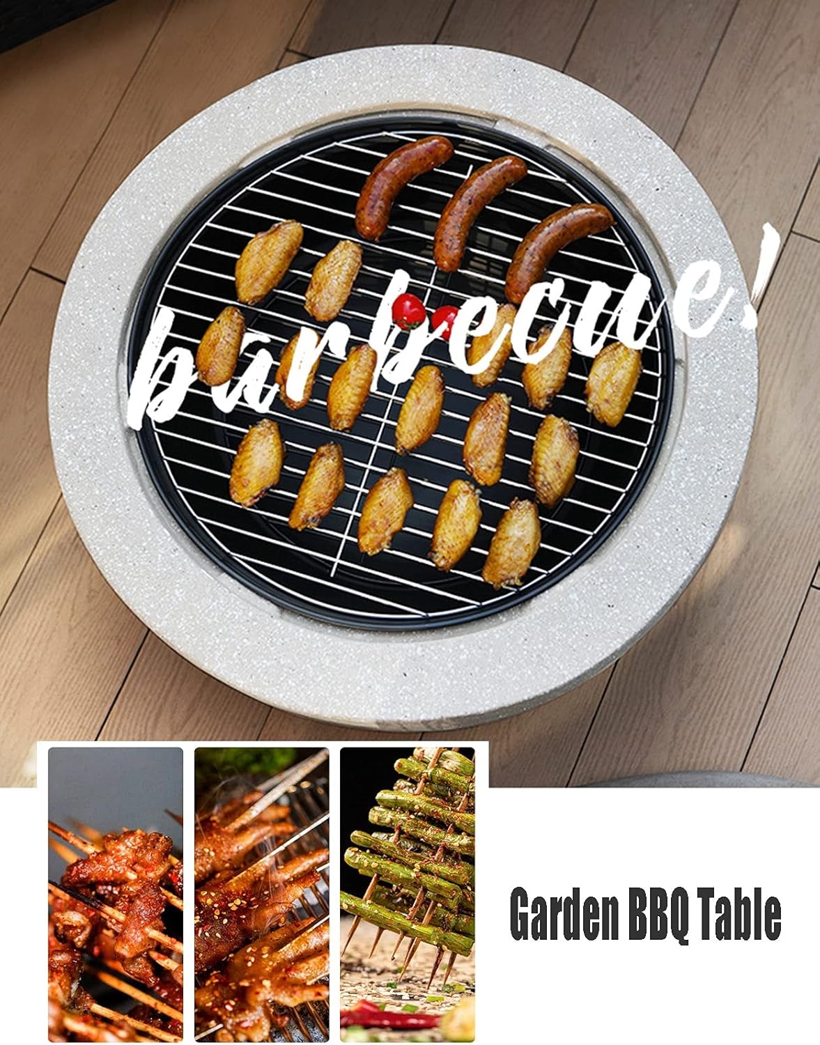 Outdoor Fire Pit Garden Wood Burning Fire Pit BBQ Grill Table, Outdoor Wood Burning Fire Bowl with Spark Screen Cover and Poker, 60cm