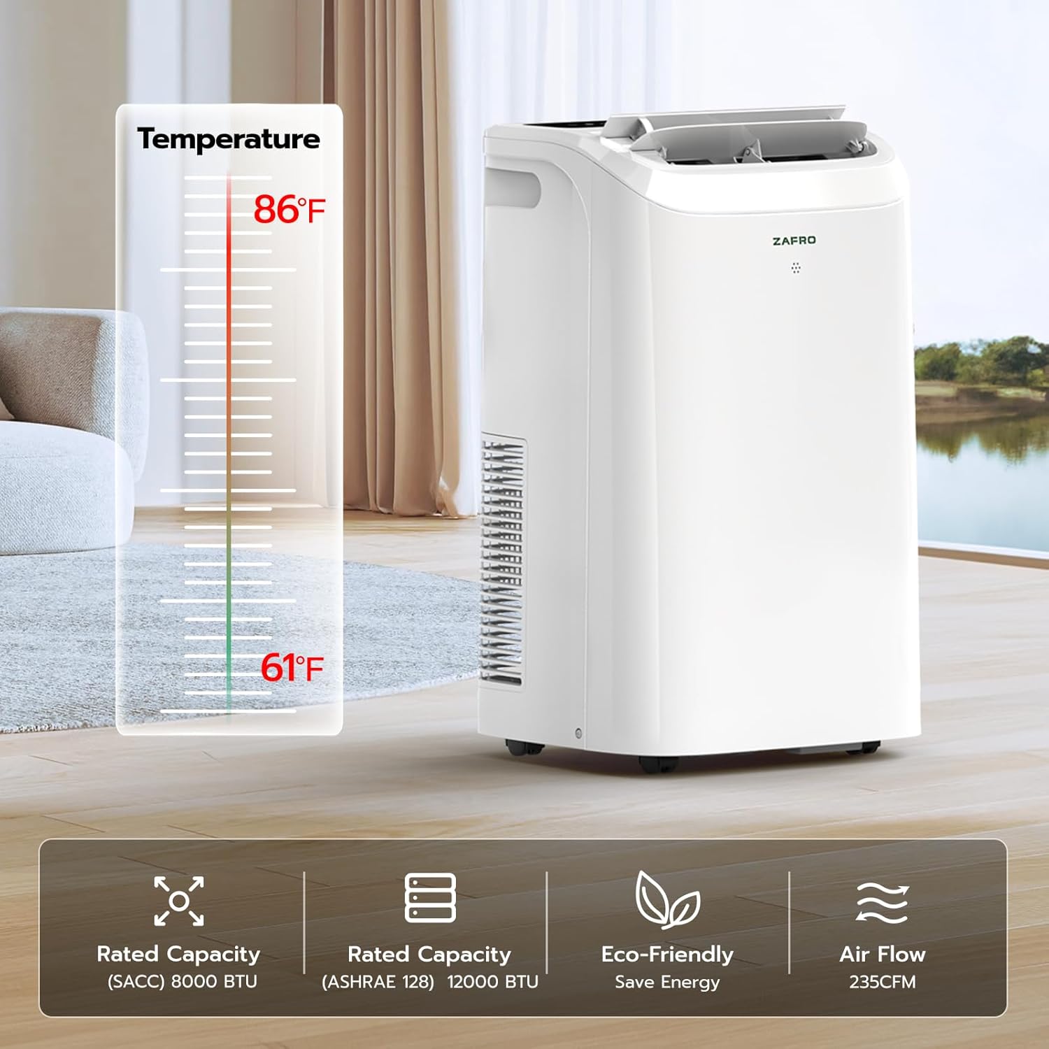 ZAFRO Portable Air Conditioners 12,000 BTU (8,000 BTU SACC), 44dB-Quiet Cooling, WiFi/App Control, 24H Timer with Fan & Dehumidifier, Easy Installation for Bedroom, Office, Living Room