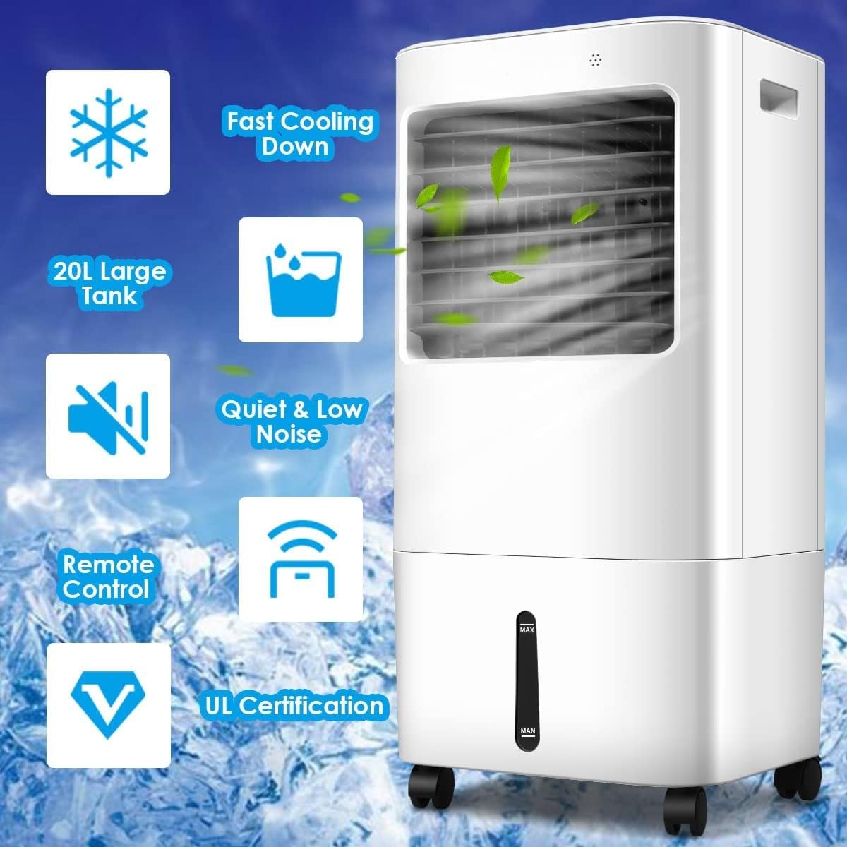 KOTEK 20L Evaporative Air Cooler, 3-in-1 Cooling Fan Humidifier with 3 Modes, 4 Speeds, 7.5H Timer, Large Water Tank & Ice Crystal Boxes, Portable Air Cooler Fan with Swivel Wheels for Home Office