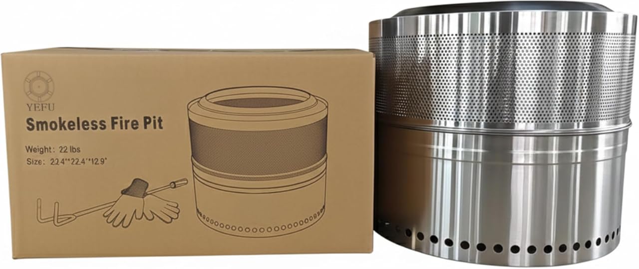 Folding Smokeless Fire Pit 20 Inch, Stainless Steel Wood Burning Firepit, Portable Outdoor Fireplace with Removable Ash Pan, Gloves & Fire Poker for Patio, Backyard & Camping