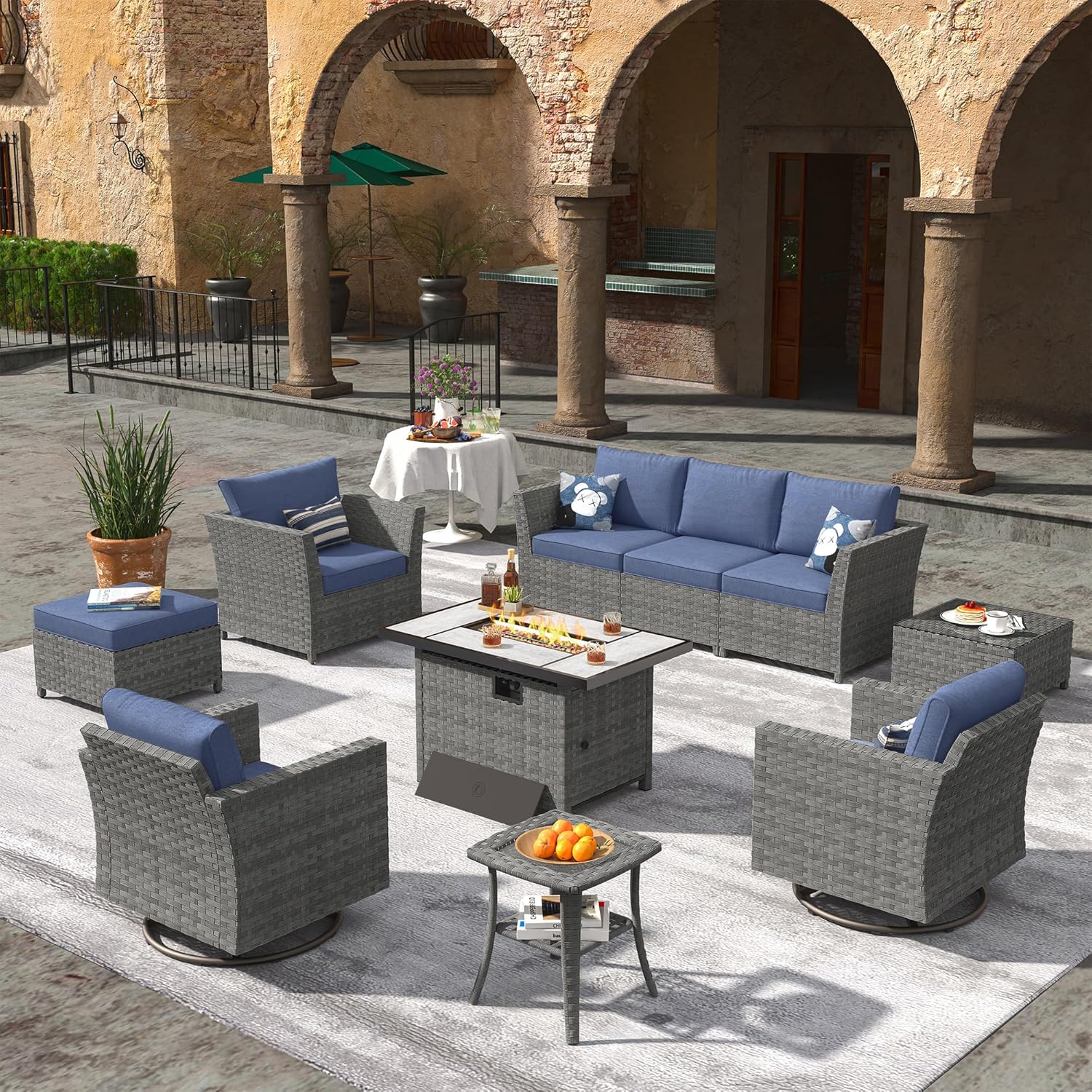 Patio Conversation Set, 10-Piece Wicker Outdoor Sectional Swivel Rocker Chairs Set with 42 Inch Rectangular Fire Pit Table (Denim Blue)