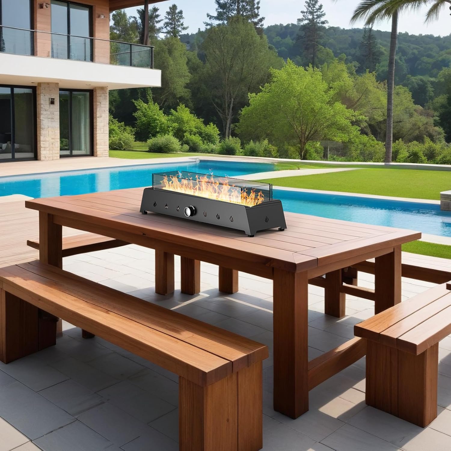 28'' Tabletop Fire Pit Table, 40,000 BTU Propane Fire Pit with Bottom Air Intake and Umbrella Hole, Outdoor Portable Fireplace Rectangular Fire Bowl w/Wind Glass Shield, Laval Rocks - Black