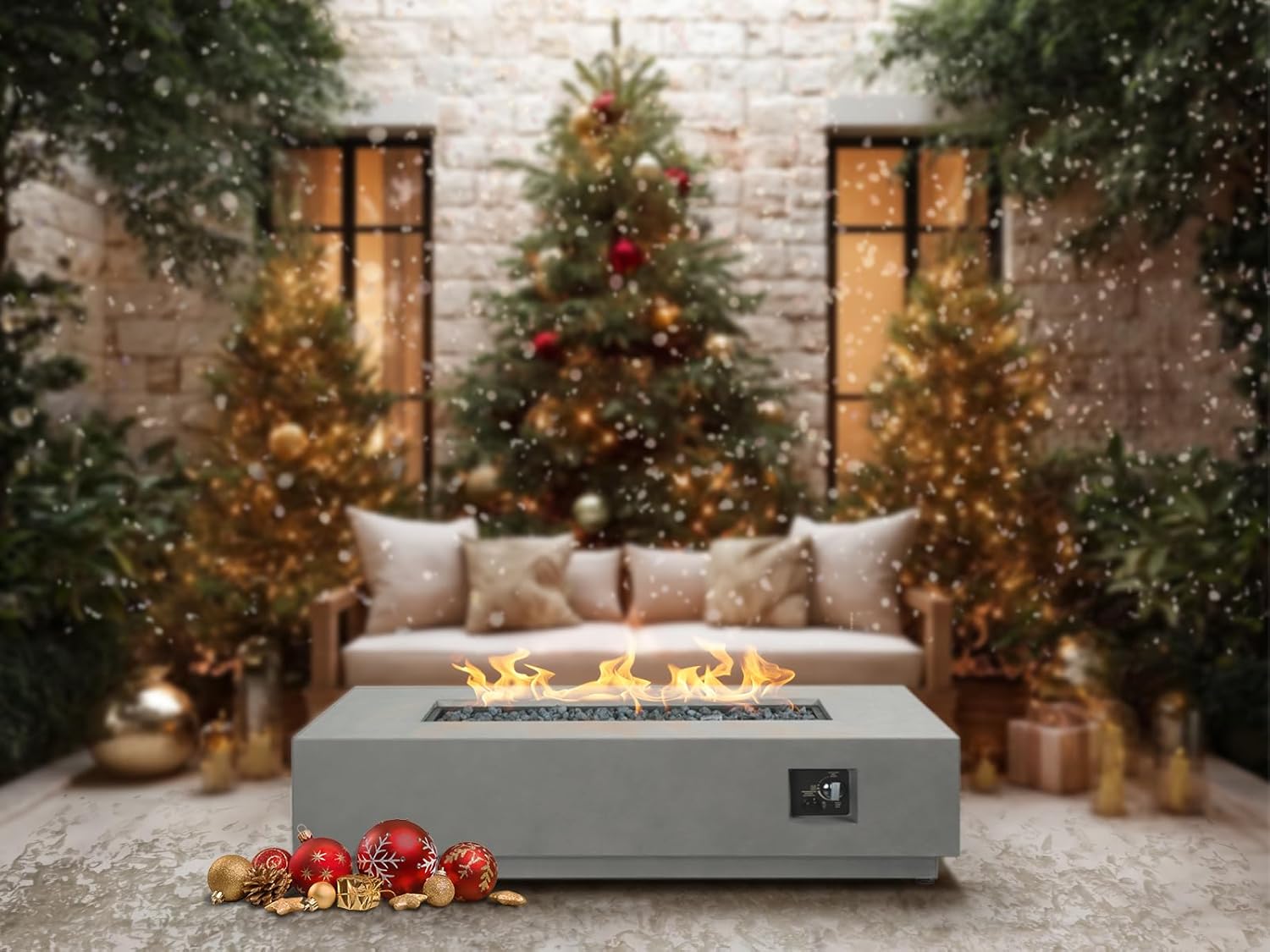 48'' Rectangular Propane Fire Pit Table, 3-in-1 50,000BTU Firepit Table with Griddle for Outside Patio, Backyard Decor, Grey