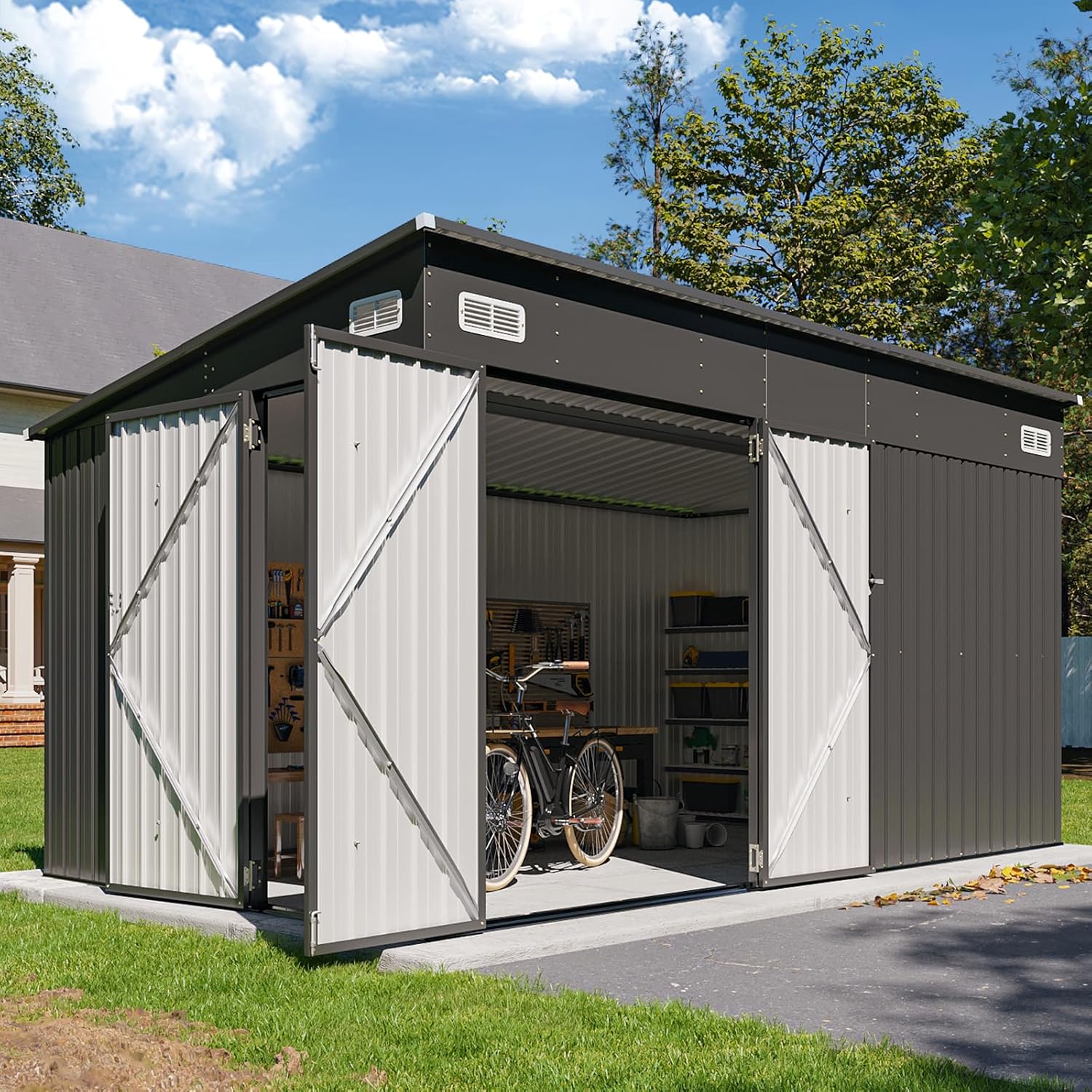 8'x12' Shed Galvanized Steel Storage Sheds with Triple Doors Utility Sheds for Vertical Storage, Dual Lock Lean to Shed with Sloped Roof for Mower, Bike, Garden Tools (Black)