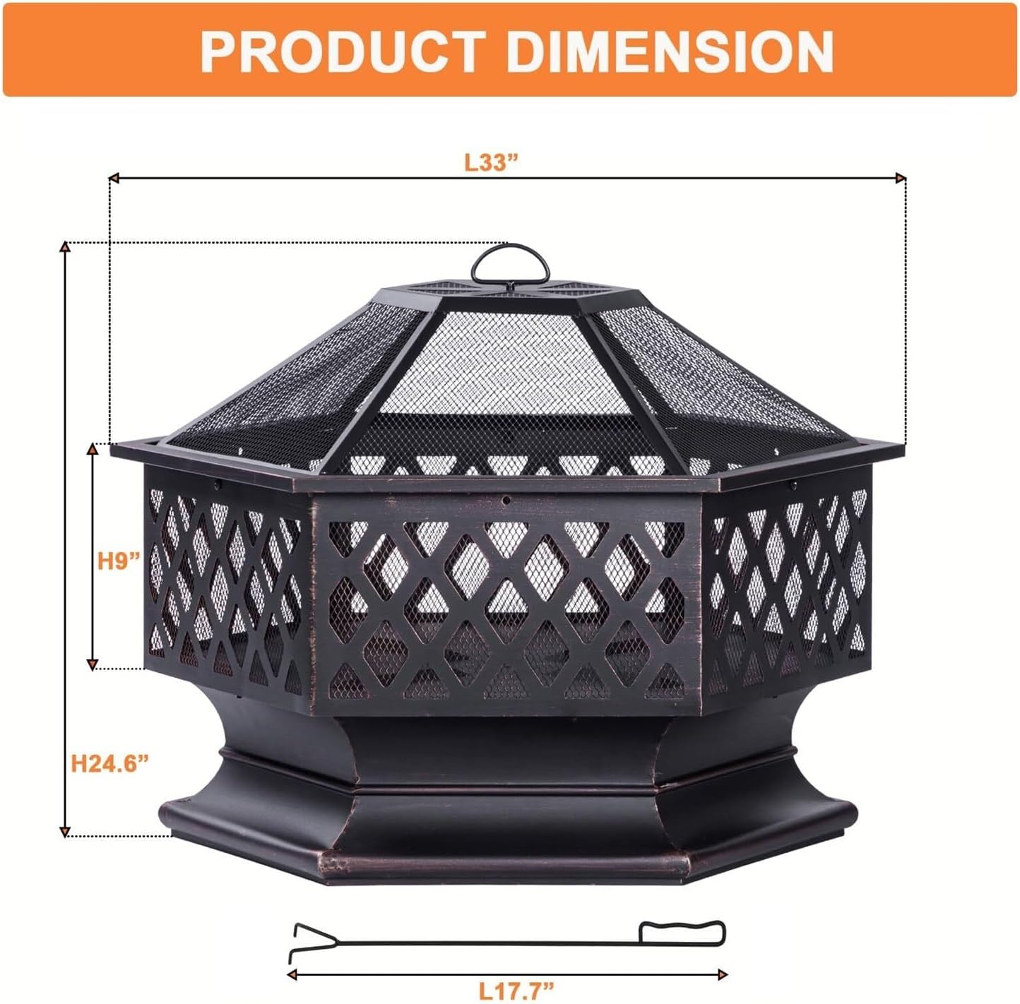 28 Inch Hexagon Wood Burning Fire Pit – Antique Bronze Outdoor Firepit with 360° Flame View for Patio, Backyard, and Camping(33 Inch)