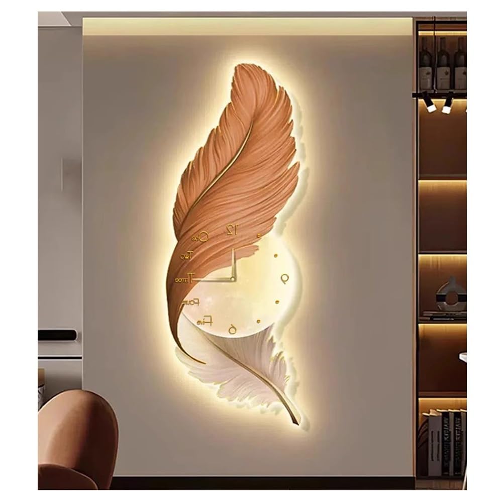 Feather Wall Decor Clock, Large Wall Art Hanging Ornament, Modern Plume Decorative Painting for Living Room Entrance Corridors(Orange,58x160cm)