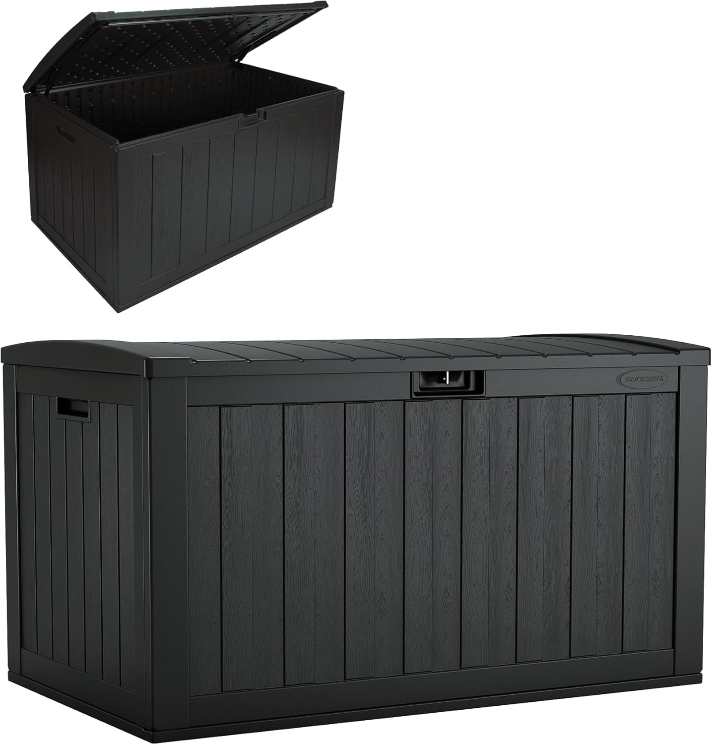 Suncast 134-Gal. Waterproof Resin Extra-Large Outdoor Patio Deck Box with Pad-Lockable Lid, Modern Outdoor Patio Bench/Storage Box for Cushions, Garden Tools, and More, Iron Ore