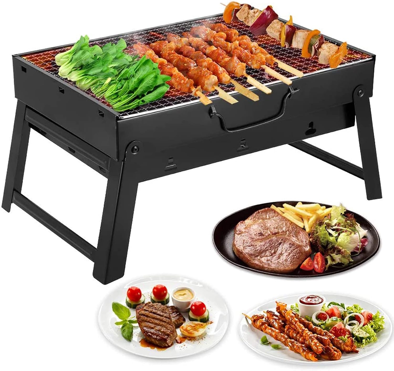 Fire Pit with BBQ Grill Shelf Folding Outdoor Garden Patio Heater Grill Wood Burning Log Burner with Poker, Grill, Grate,16.9''x11.41''x9.05''