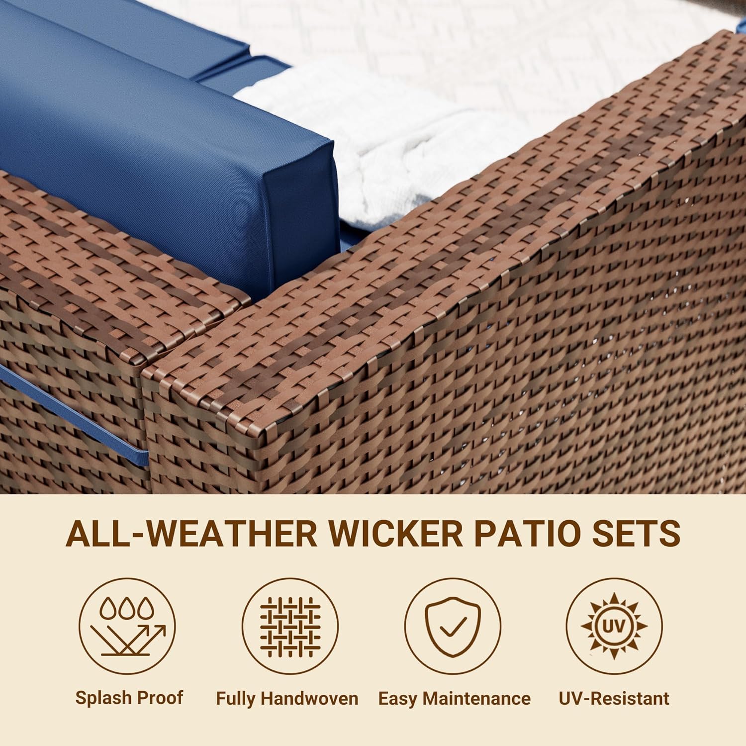 Patio Furniture Set with 44'' Propane Gas Firepit Table, 8 PCS Outdoor Sectional Conversation Sets with High Back, Navy Blue (Waterproof Cover Included)