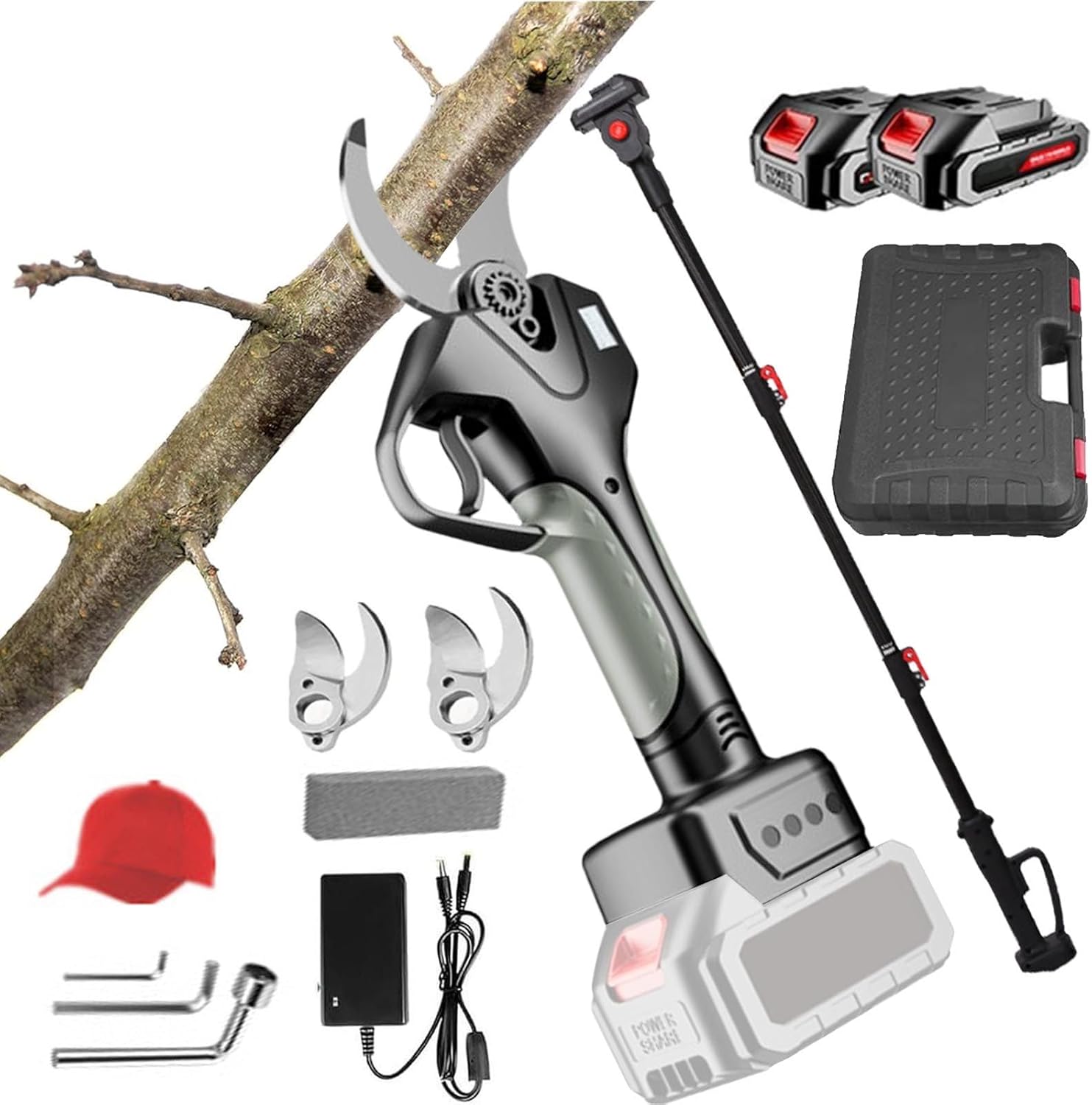 Electric Pruning Shears 980w, 2-in-1 Cordless Tree Pruner | 3-Inch Cutting Capacity, 2m Extendable Pole, Digital Display,Dual Batteries & Blade for Ranch, Orchard,and Garden,Grey