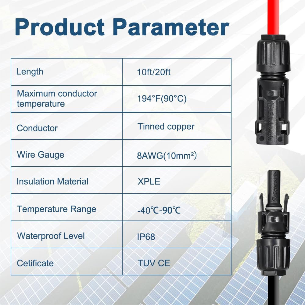 10mm² Solar Panel Connector, 30ft 8AWG Solar Cable with Solar Spanner for RV, Boat, Solar Panels,Car