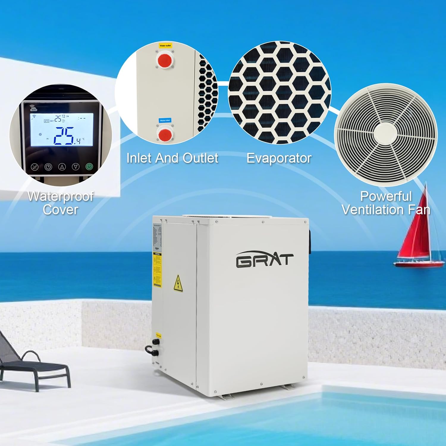 Full Inverter Heat Pump for Hot Tub and Bath, 35,000 BTU Electric Swimming Pool Heater, 10000 Gallons, for Above and In ground Pools, WiFi Capable Timer, Heating and Cooling, Defrosting, 220-240V