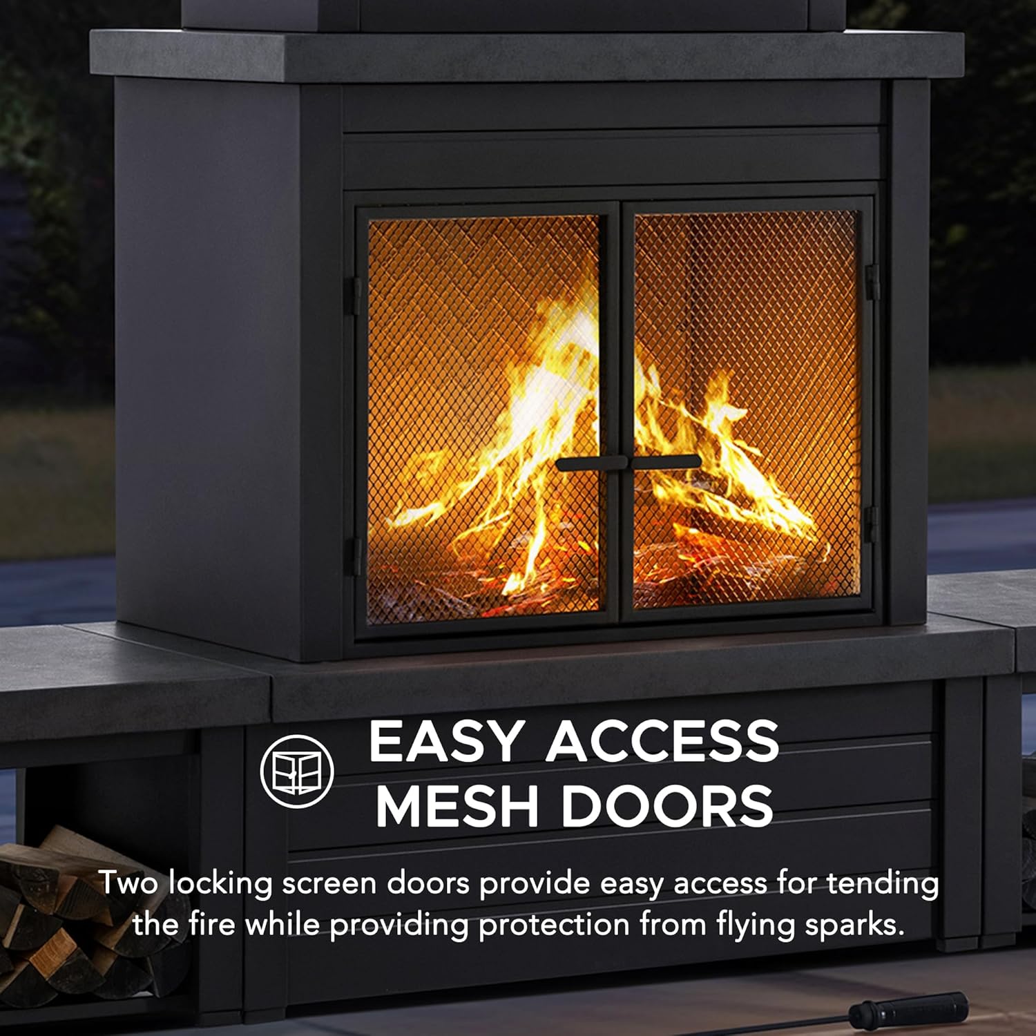 SUNJOY Outdoor Fireplace with Wood Storage and Chimney, Steel Wood Burning Firepit with Mesh Spark Screen Door, Fire Poker, Fireplace Tool & PVC Cover, for Patio Garden Deck Backyard, Black/Dark Gray