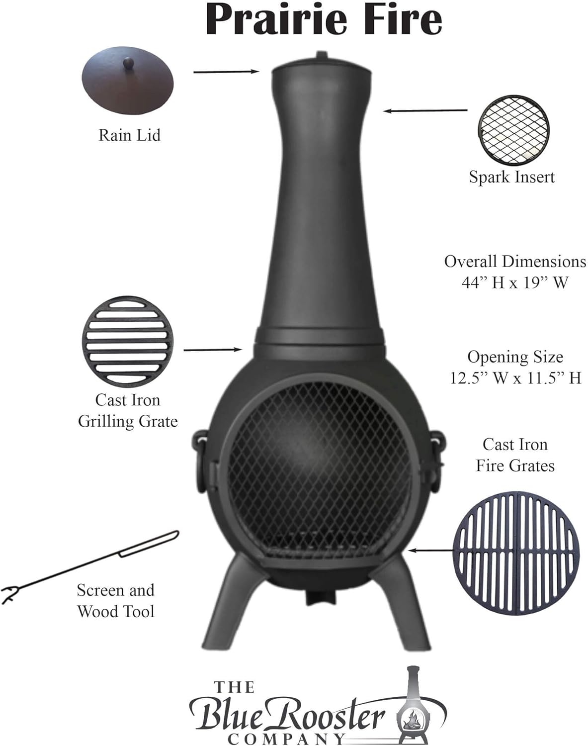The Blue Rooster Prairie Fire Chiminea Outdoor Fireplace - Wood Burning Cast Aluminum Deck or Patio Firepit 44