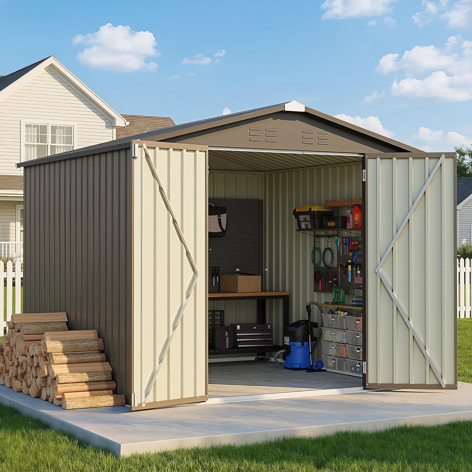 Greesum 8x8FT Outdoor Storage Shed, Utility Tool Shed Metal Storage Garden Shed with Door & Lock for Patio Storage, Brown