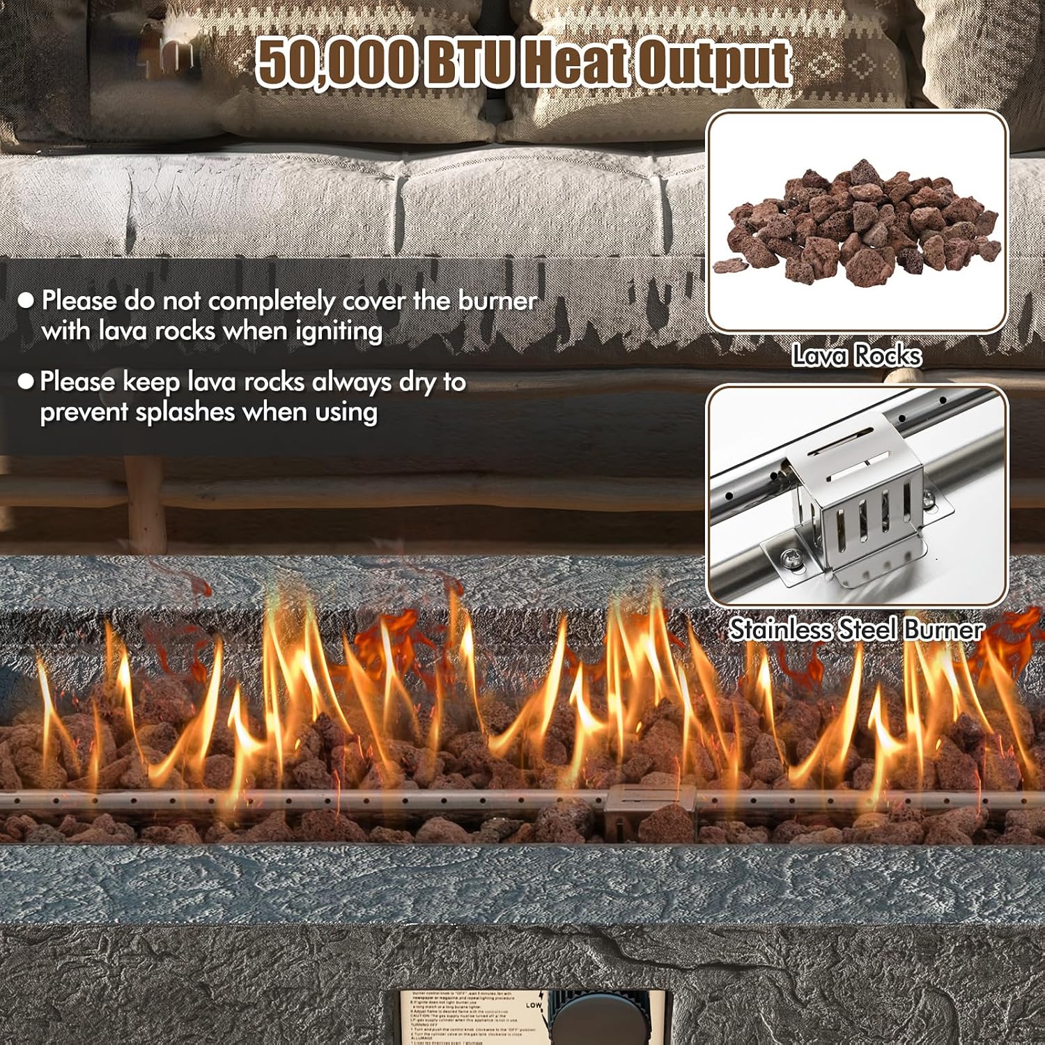 Tangkula 2 Piece Propane Fire Pit Table Set with Tank Holder, 50,000 BTU 42.5 Inch Outdoor Rectangular Gas Fire Table with Lava Rocks, Stainless Steel Burner and Protective Cover for Outside Patio