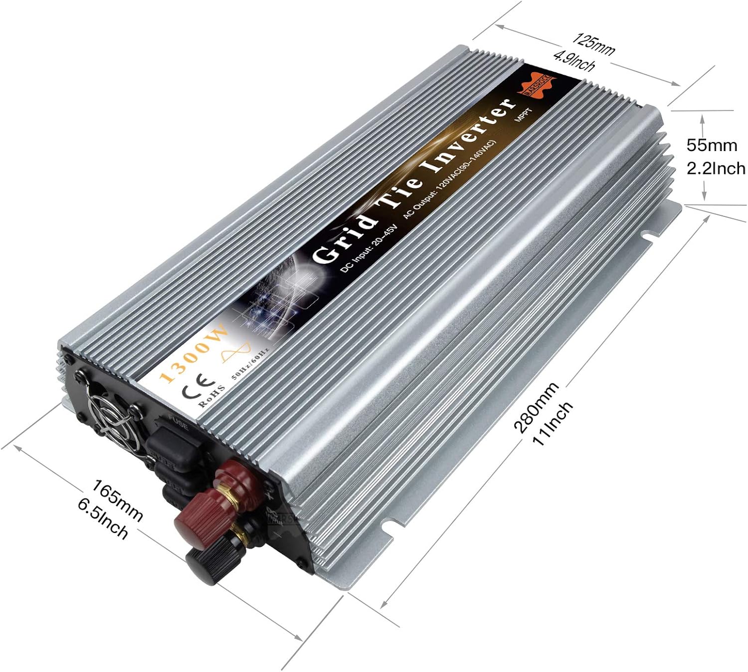 1300W MPPT Pure Sine Wave Grid-Tie Micro Inverter, Converts 10.5-30V DC to 110V/120V AC, Perfect for Home Solar or Wind Power Systems.