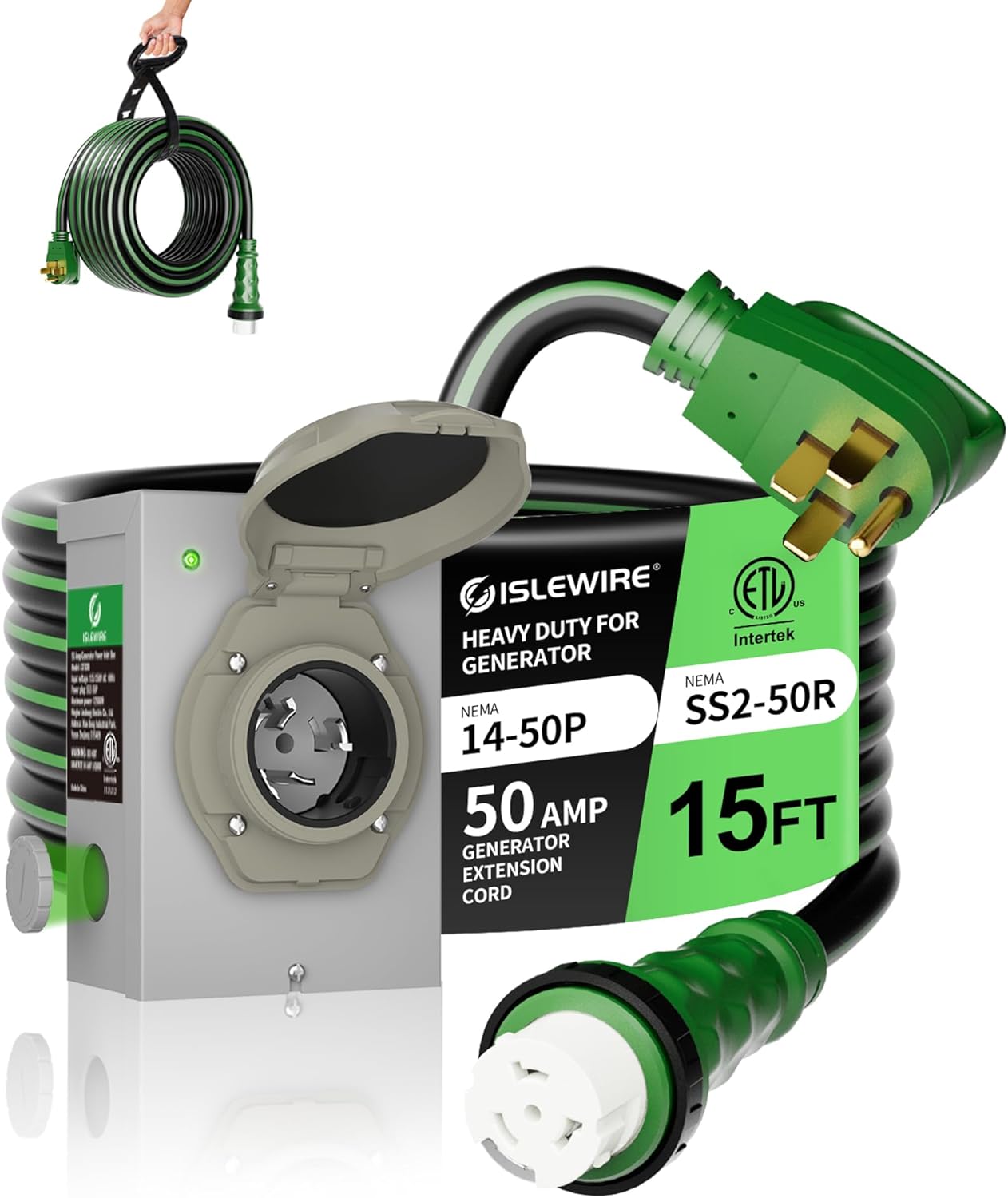 50 Amp 15FT Generator Cord and Pre-Drilled Power Inlet Box, NEMA 14-50P to SS2-50R Generator Cord Kit, 6/3+8/1 AWG STW Twist Lock Connector, 125/250V 12500W, ETL Listed, Ready for Emergency Use