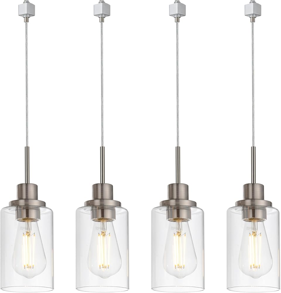 MELUCEE 4 Packs H Track Pendant Lighting Brushed Nickel Ceiling Hanging Lamp Track Lighting Fixtures Pendant with Clear Glass Shades, Compatible with H Type Track Lighting Rail, E26 Socket