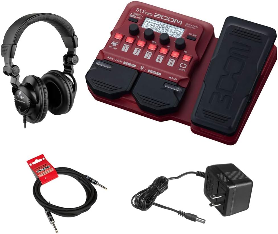 Zoom B1X Four Bass Multi-Effects Pedal (Expression Pedal) with Polsen HPC-A30 Monitor Headphones, 9V Power Adapter & 10ft Instrument Cable Bundle