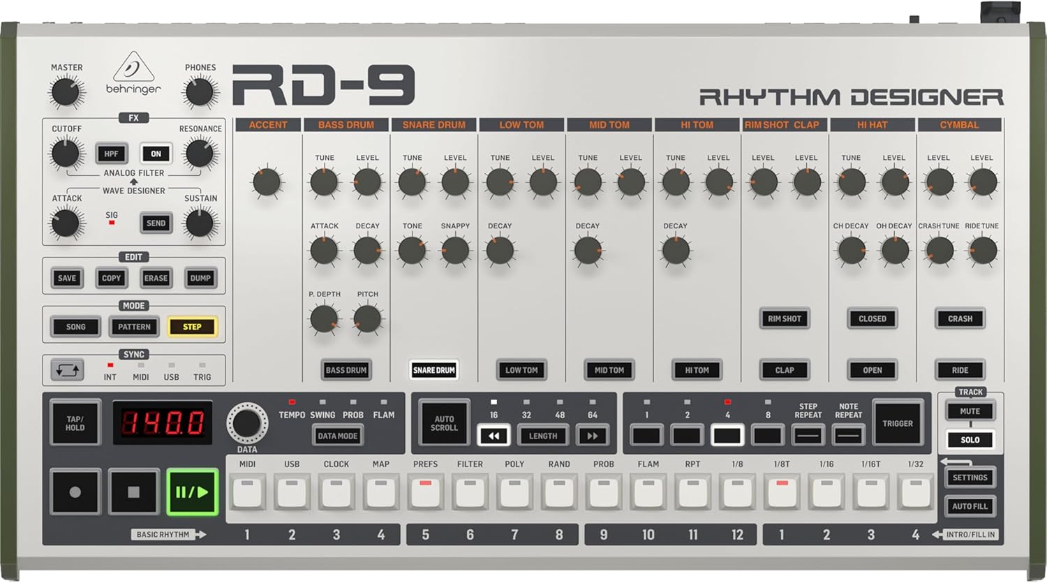 Behringer RHYTHM DESIGNER RD-9 Classic Analog/Digital Drum Machine with 11 Drum Sounds, 64-Step Sequencer, Wave Designer and Dual-Mode Filter
