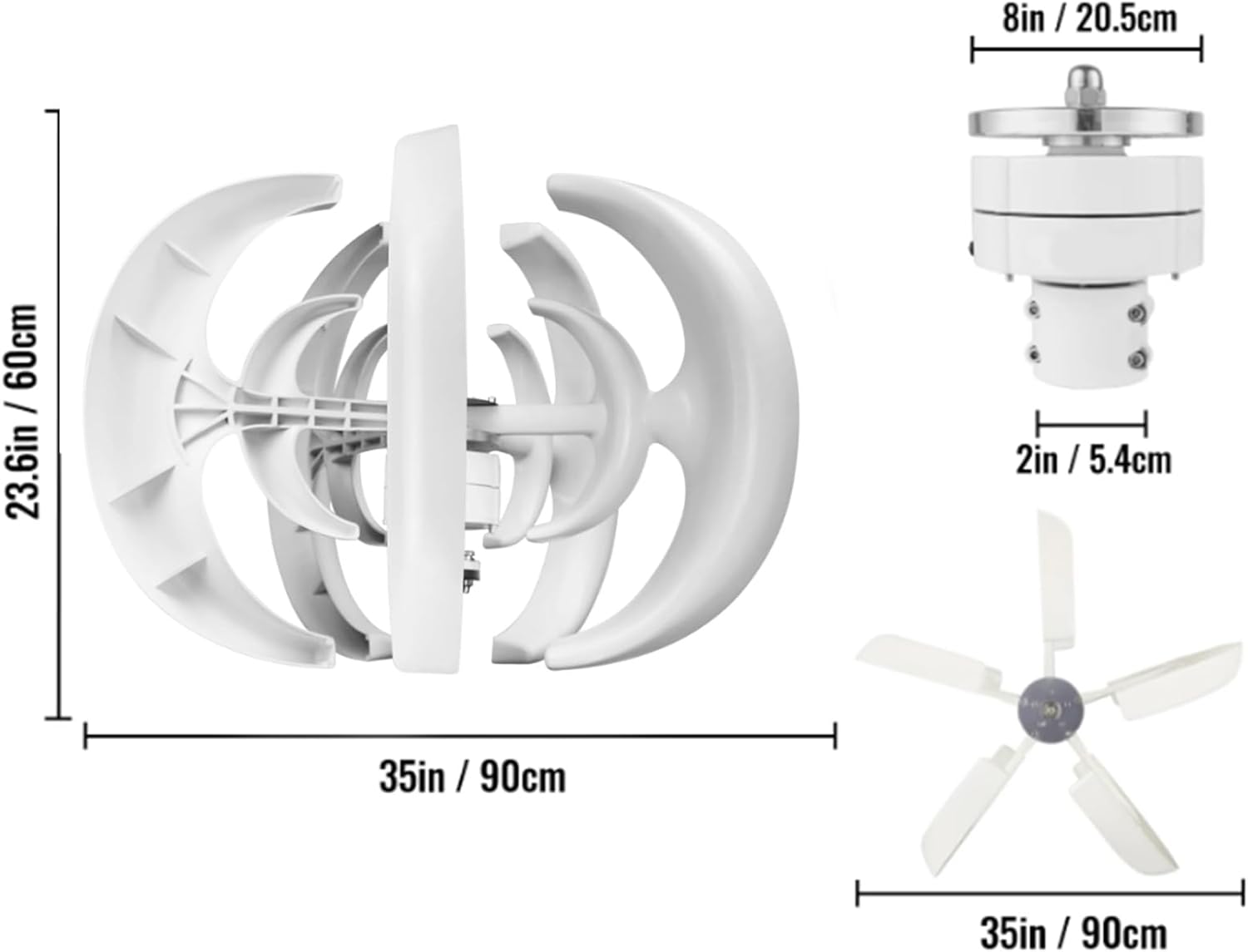 1500W 5 Blades Vertical Wind Turbine Generator Windmills,12V 24V 48V with Controller Low Noise Solar Generator for Farm Home Use (White)