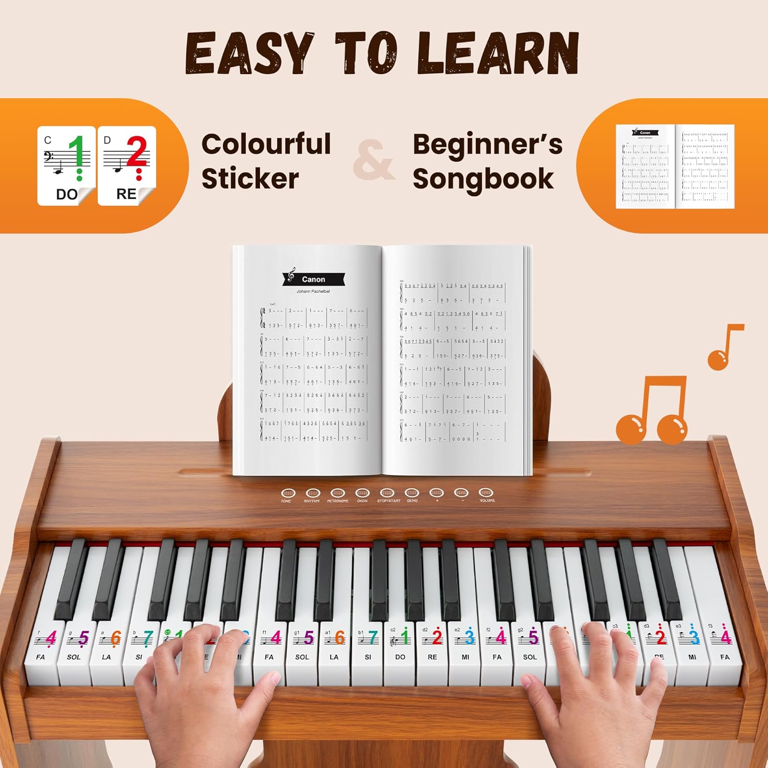 CAHAYA Kids Piano Keyboard Wooden - 37 Keys Digital Piano for child, Baby Piano Toy with Touch Controls Music Educational Instrument Set Wooden Toy for 3+ Girls Boys Gift