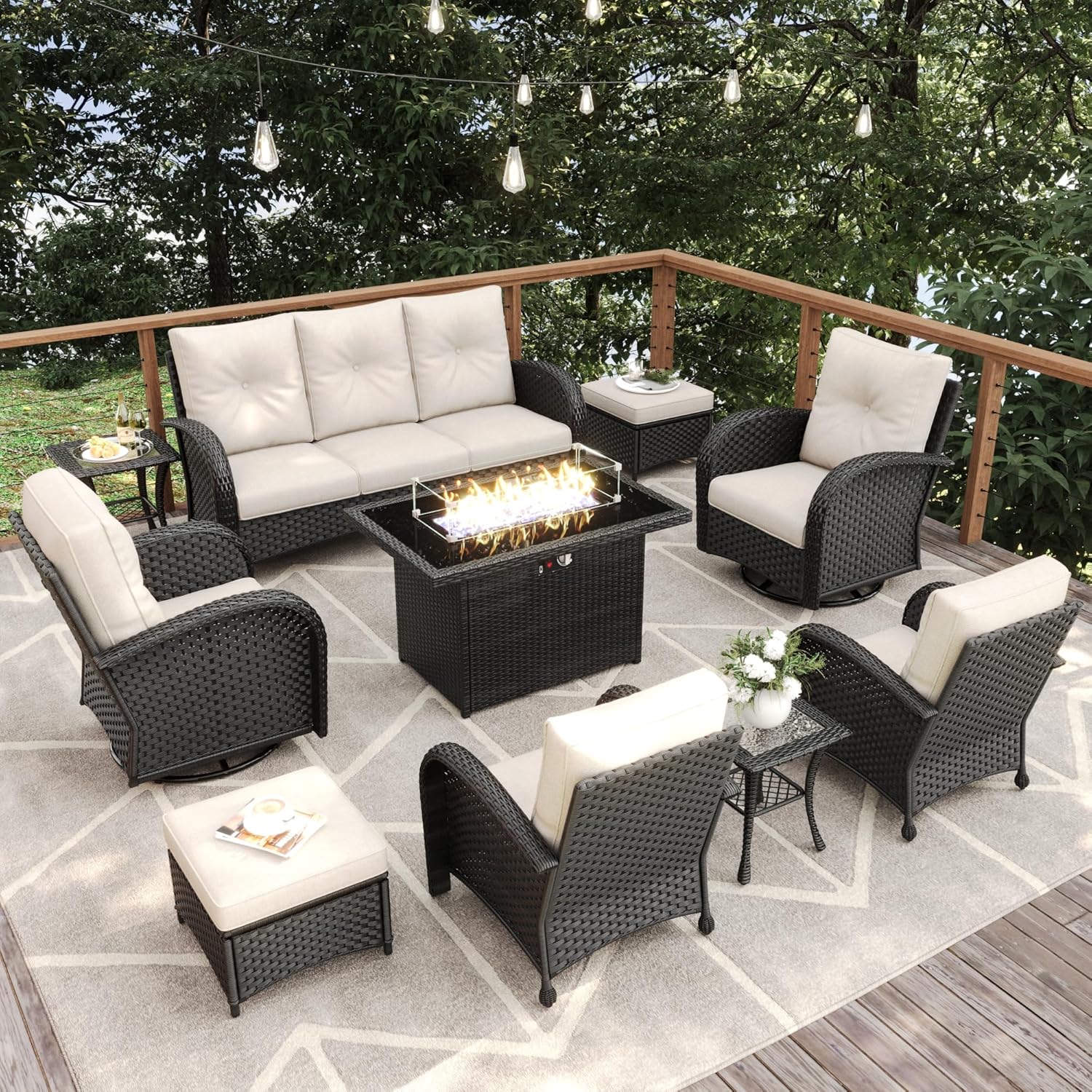 10 Pieces Patio Furniture Sets with Fire Pit Table, Wicker Rattan High Back Outdoor Swivel Rocking Chairs Set with 3-Seat Couch, Ottomans and Side Table