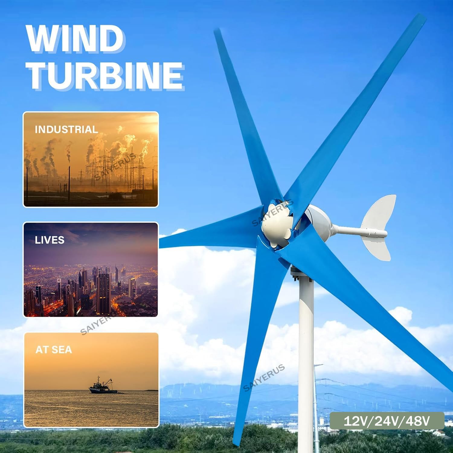 Wind Turbine, 5 Blades Professional Wind Turbine Small Windmill Generator, Three Phase AC Permanent Magnet Generator, Suitable for Ships, Homes, Industries (Blue 48V)