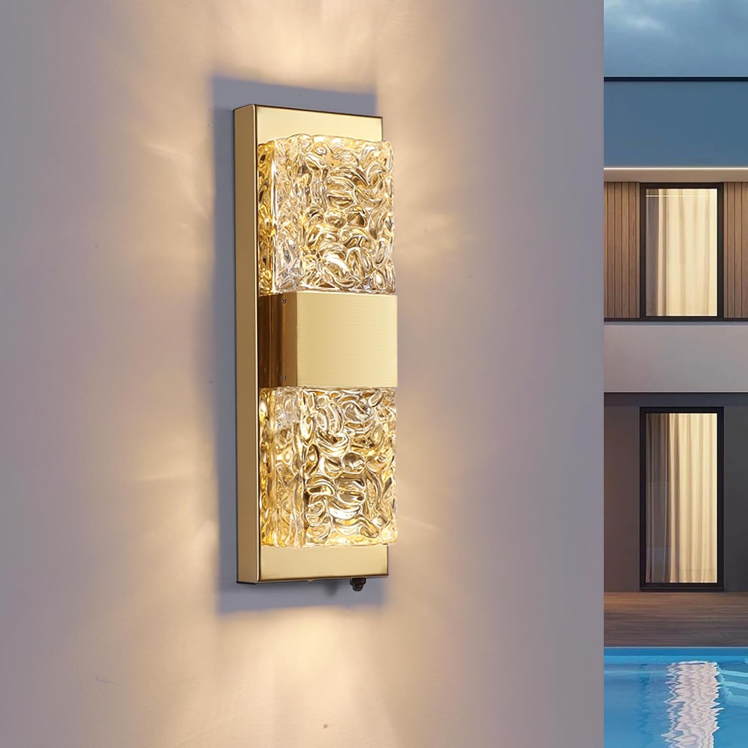 Dusk to Dawn Outdoor Lighting,Porch Lights Outdoor 14.2'' IP65 Waterproof Exterior Lighting Fixtures 12W LED Crystal Modern Outdoor Sconce Lights for House Hallway Doorway Patio, Gold, 1PCS