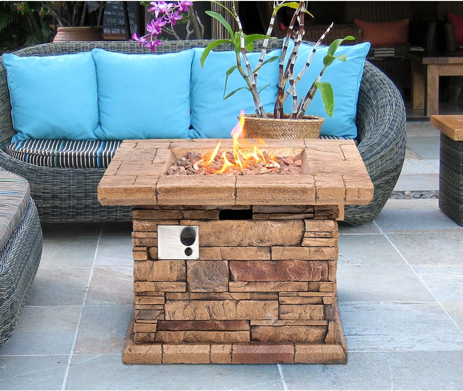 Outdoor Propane Fire Pit Table, 32 Inch 40,000 BTU Brown Square Concrete Gas Fire Table w Lava Rocks, Rain Cover, Fits 20 lb Propane Tank Inside, Imitation Stone Design