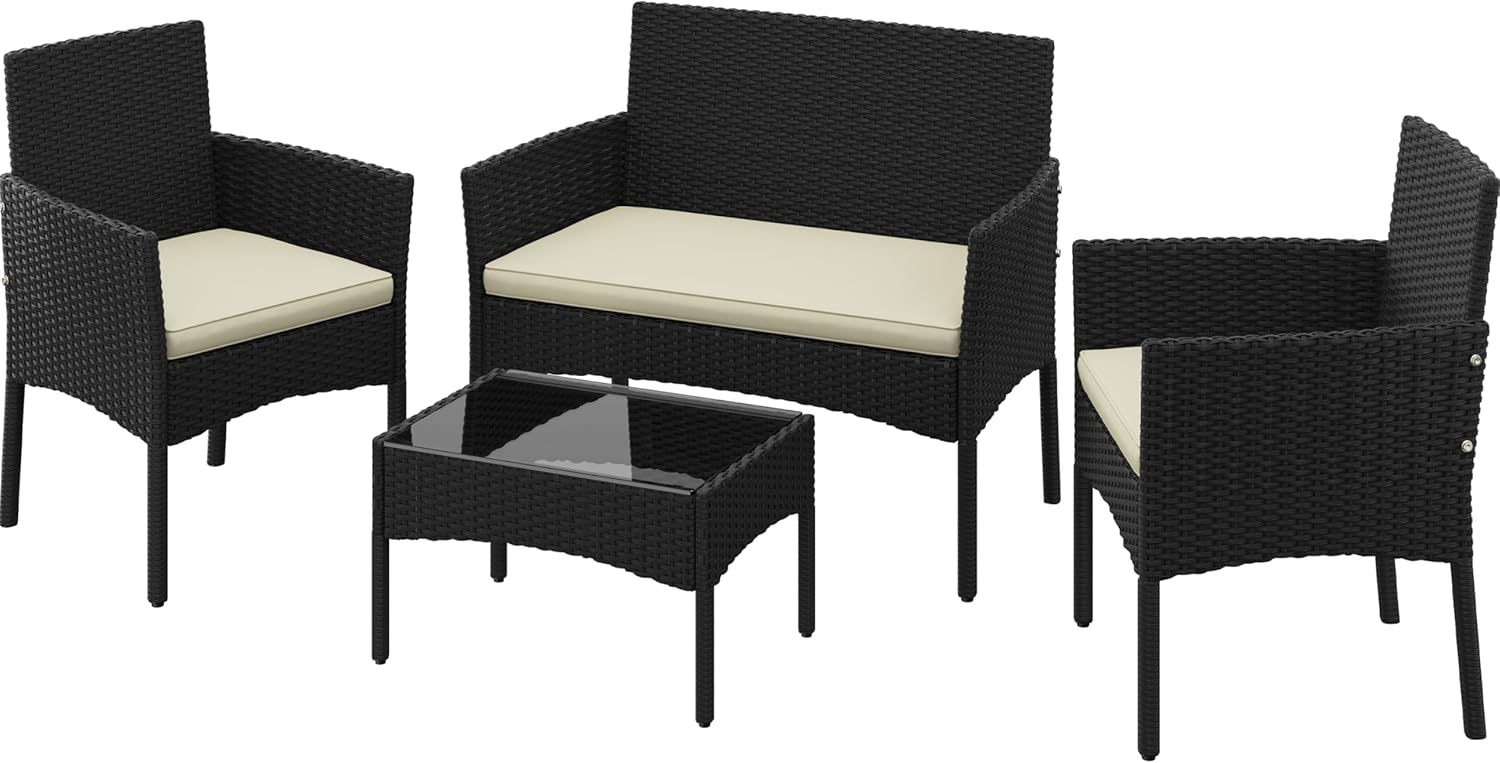 Yaheetech Patio Furniture Set 4 Pieces Conversation Sets, Rattan Chair Wicker Set Loveseat with Soft Cushion and Glass Table for Backyard Porch Garden Poolside Balcony, Black and Beige