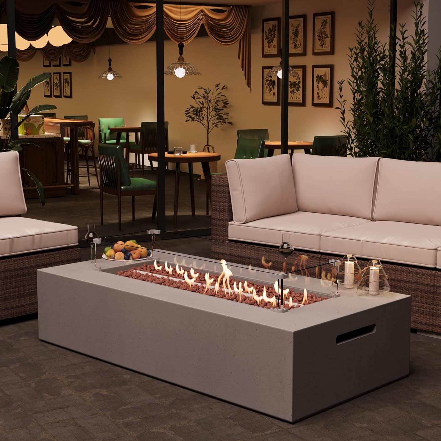 2-Piece Outdoor Propane Fire Pit Table Set – Premium Marble-Like MgO Finish, 56-Inch Gas Fire Table with Glass Wind Guard for Patio, Garden & Backyard, Includes Rain Cover & Lava Rocks